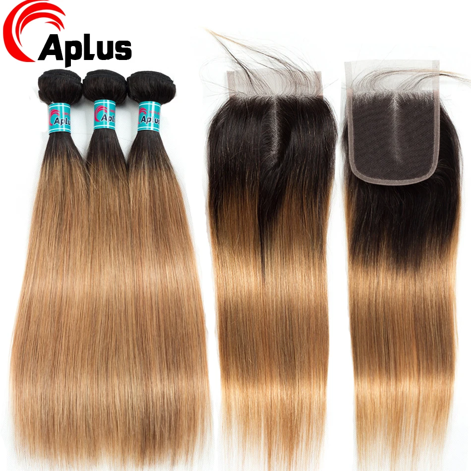 

Aplus Hair Peruvian Ombre Bundles With Closure Straight 1B/27 Honey Blonde Bundles With Closure NonRemy Human Hair Weave Closure