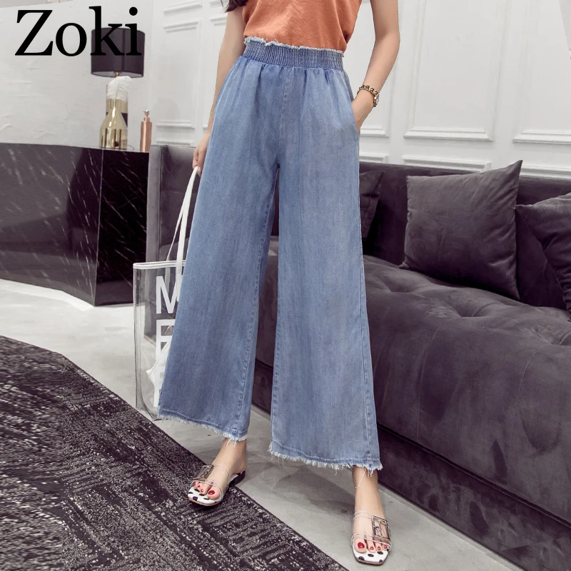 

Zoki Summer Women Thin Jeans Elastic High Wait Linen Ankle-Length Denim Pants Vintage Loose Pockets Wide-Leg Pants Street Wear