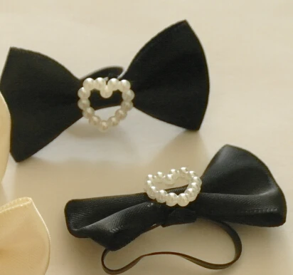 

Free Shipping 4200pcs/lot 4cm Small Polyester Satin Ribbon Mini Bow with Elastic Rubber Band with Heart Pearl Cream and Black