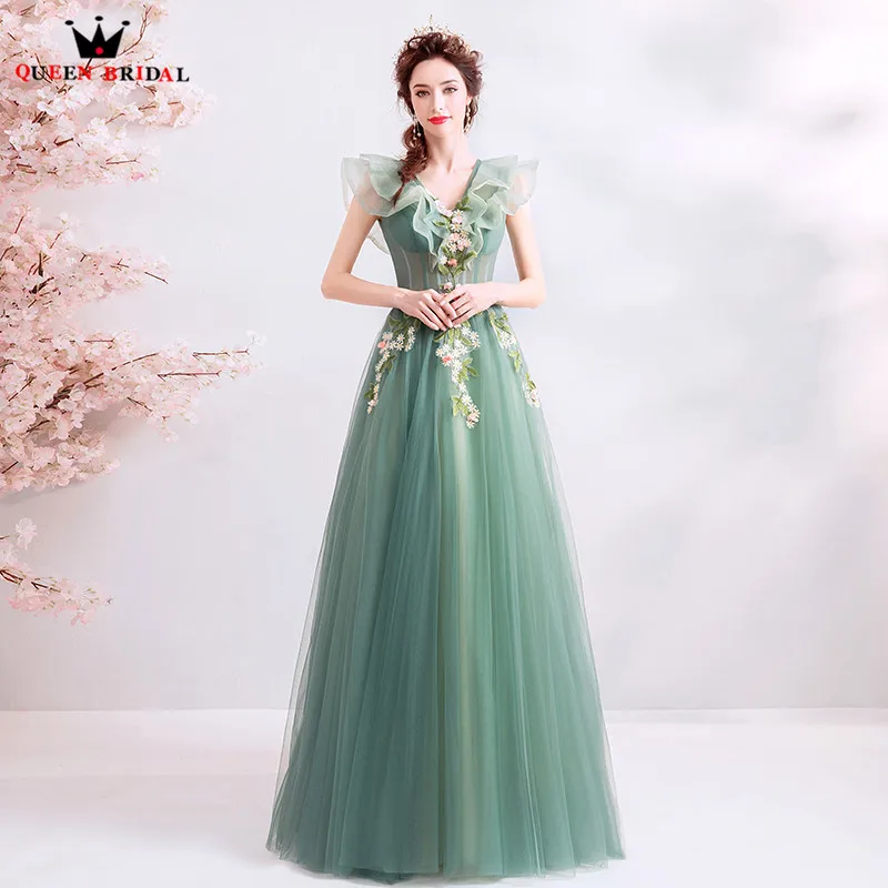 Зеленые элегантные вечерние платья 2019 Мода-Line тюль цветы Бисер Платья для вечеринок с аппликацией платье, вечерний наряд CS22