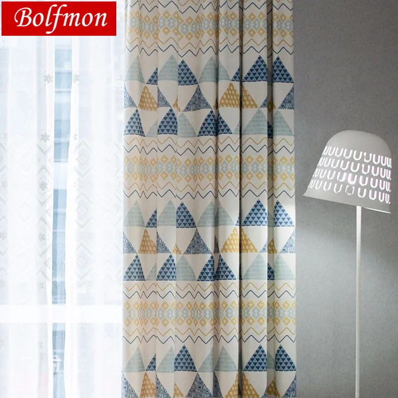 

ECO Cotton Polyester Fabric Custom Half Shading Morden Blue Yellow Triangle Window Curtains for Living Room Kitchen Drapery