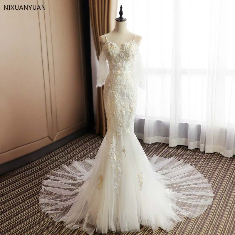 

2019 New Beach Vestido De Noiva Mermaid Long Sleeve White Wedding Dresses Illusion Lace Sexy Cheap Lace Bridal Gowns