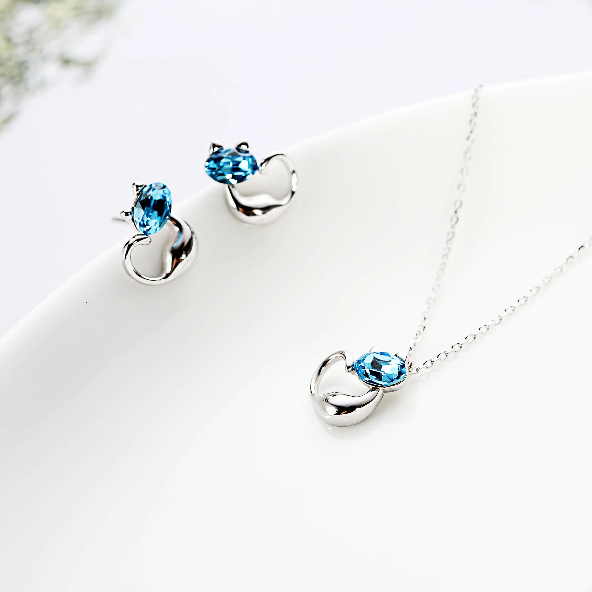 sweet cat blue crystal necklace woman 100% 925 Sterling silver nacklace Jewellery Clavicle chain pendant charms gift