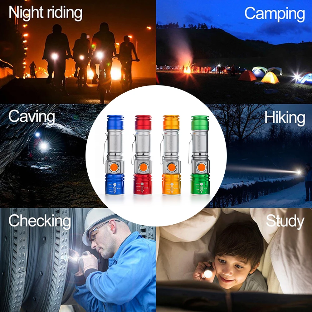 Best Bicycle light 4 color LED portable flashlight built-in rechargeable lithium battery USB charging waterproof zoom 3 mode lighting 5