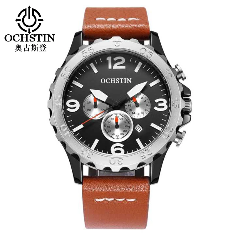 

OCHSTIN Men Sports Watches Men's Quartz Date Display Clock Man Army Military Wrist Watch Leather Watchband Chronograph 077B