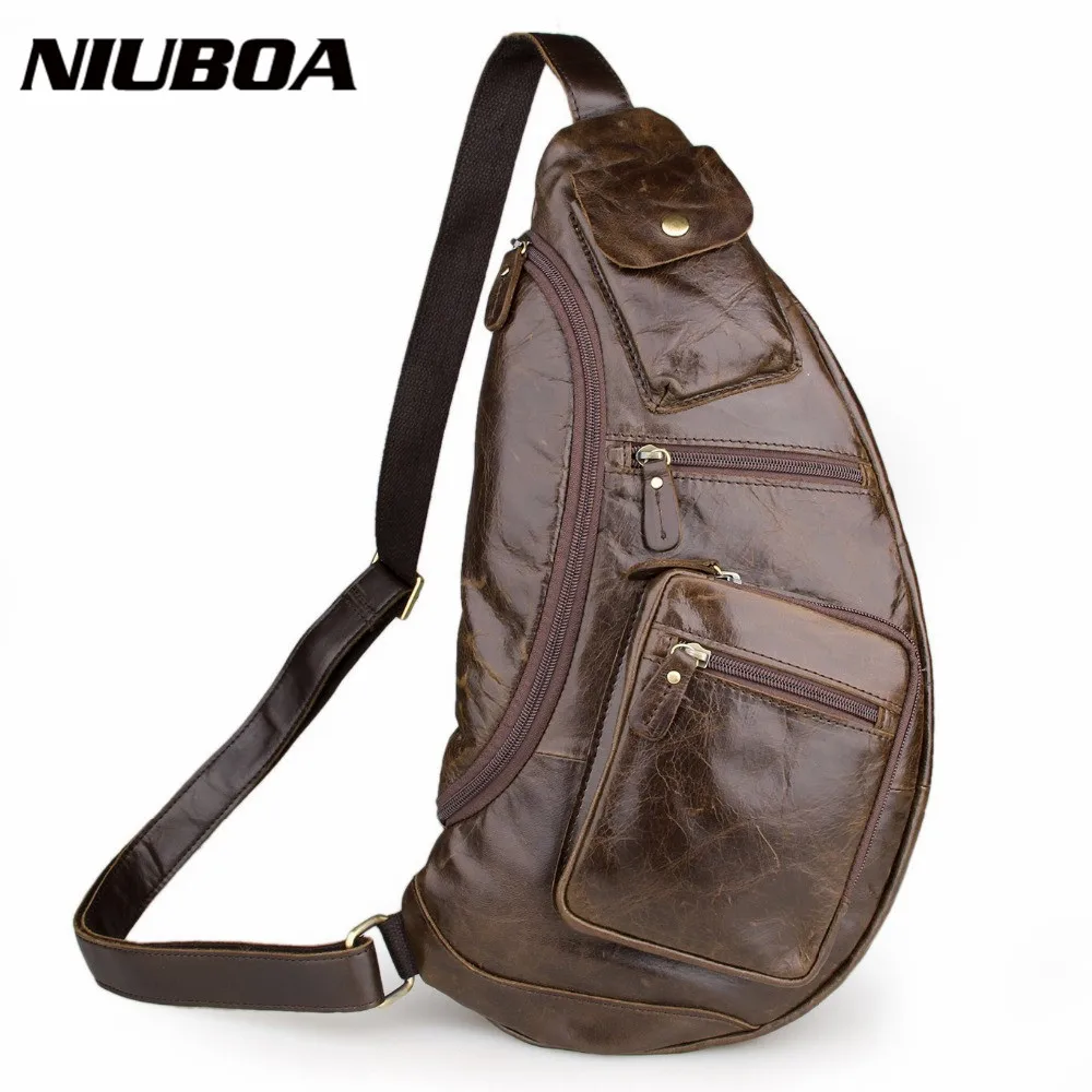 

NIUBOA Men's Cowhide Chest Bags Vintage Genuine Leather Travel Riding Motorcycle Shoulder Bags Messenger Sling Chest Bag