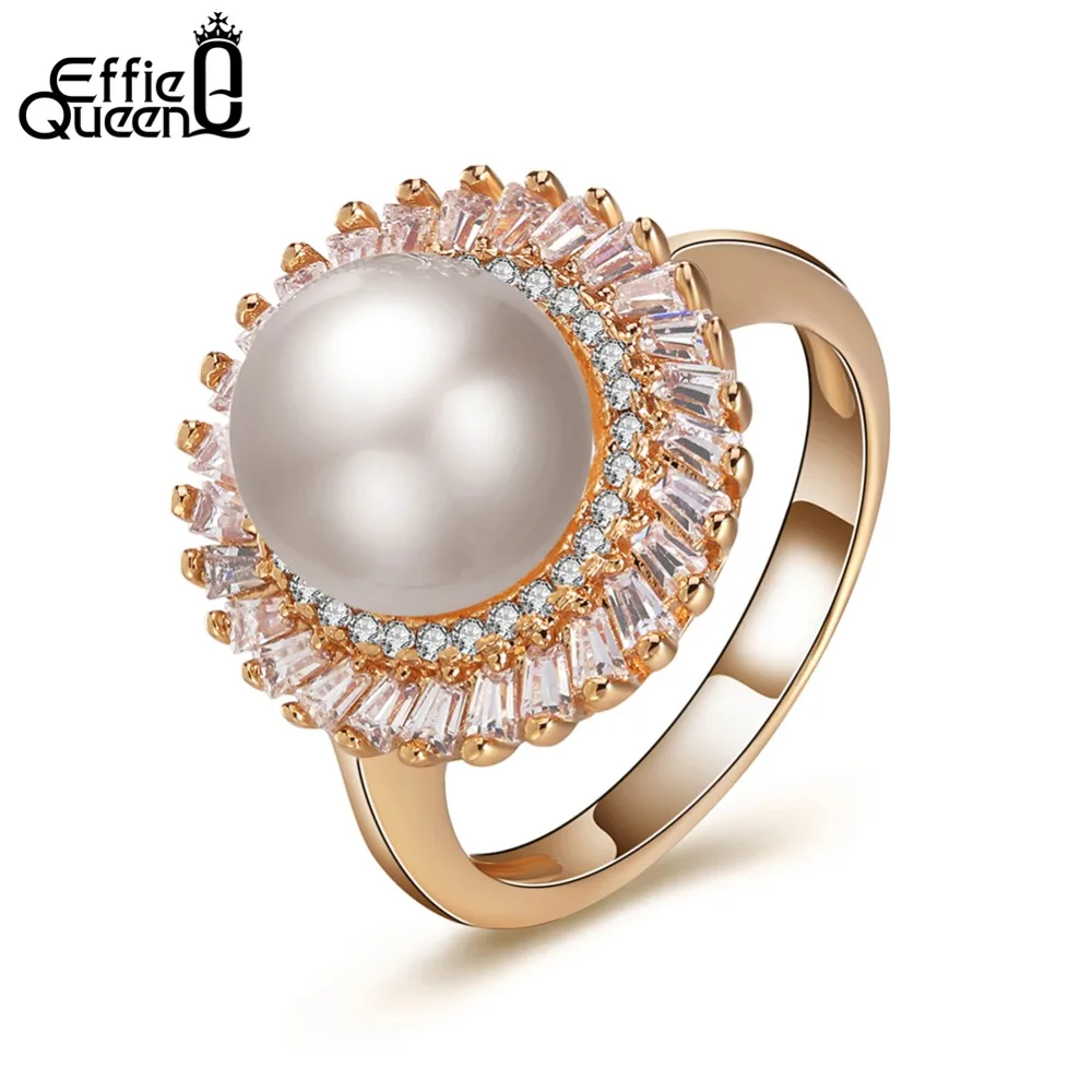 

Effie Queen High Quality Gold-color Big Imitation Pearl Ring for Women Anniversary with AAA Zircon Around Luxury Jewelry DDR16