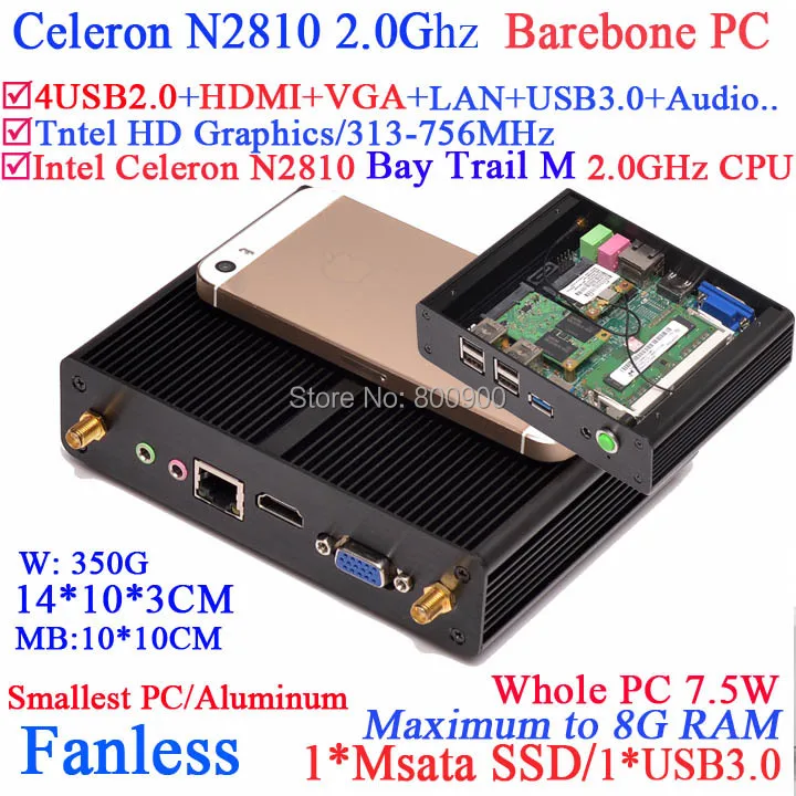 

Fanless barebone mini pc with Bay Trail M Intel Celeron N2810 dual core dual threads 2.0Ghz CPU USB 3.0 HDMI VGA