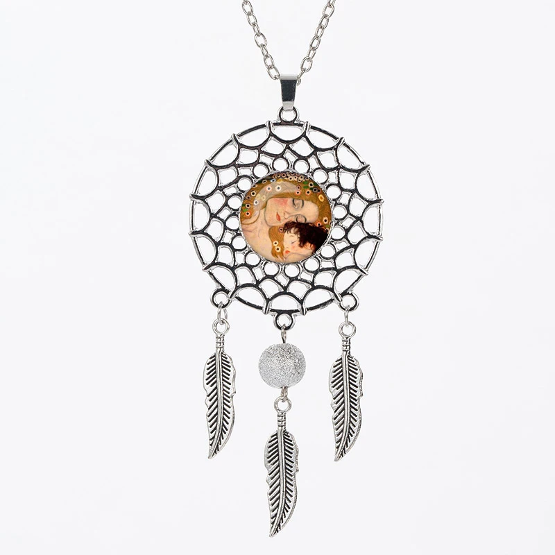 

Retro Van Gogh Painting Dream Catcher Necklace Feather Tassel Statement Long Necklaces For Women Silver Mandala Pendants Jewelry