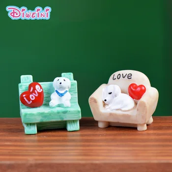 

1pc Dog Lying on Sofa Blue White Bench Miniature Cartoon Animal model Girl Boy toys Figurine baby home decoration Resin craft