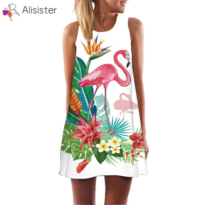 

Flamingo Floral Print Mini Dresses Sleeveless Beach Boho Dress 2019 Plus Size Summer Women Casual Party Vestido Dresses