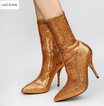 

2019 ladies ankle boots point toe gold boots slip on motorcycles booties thin heel party shoes glitter sequin women booties