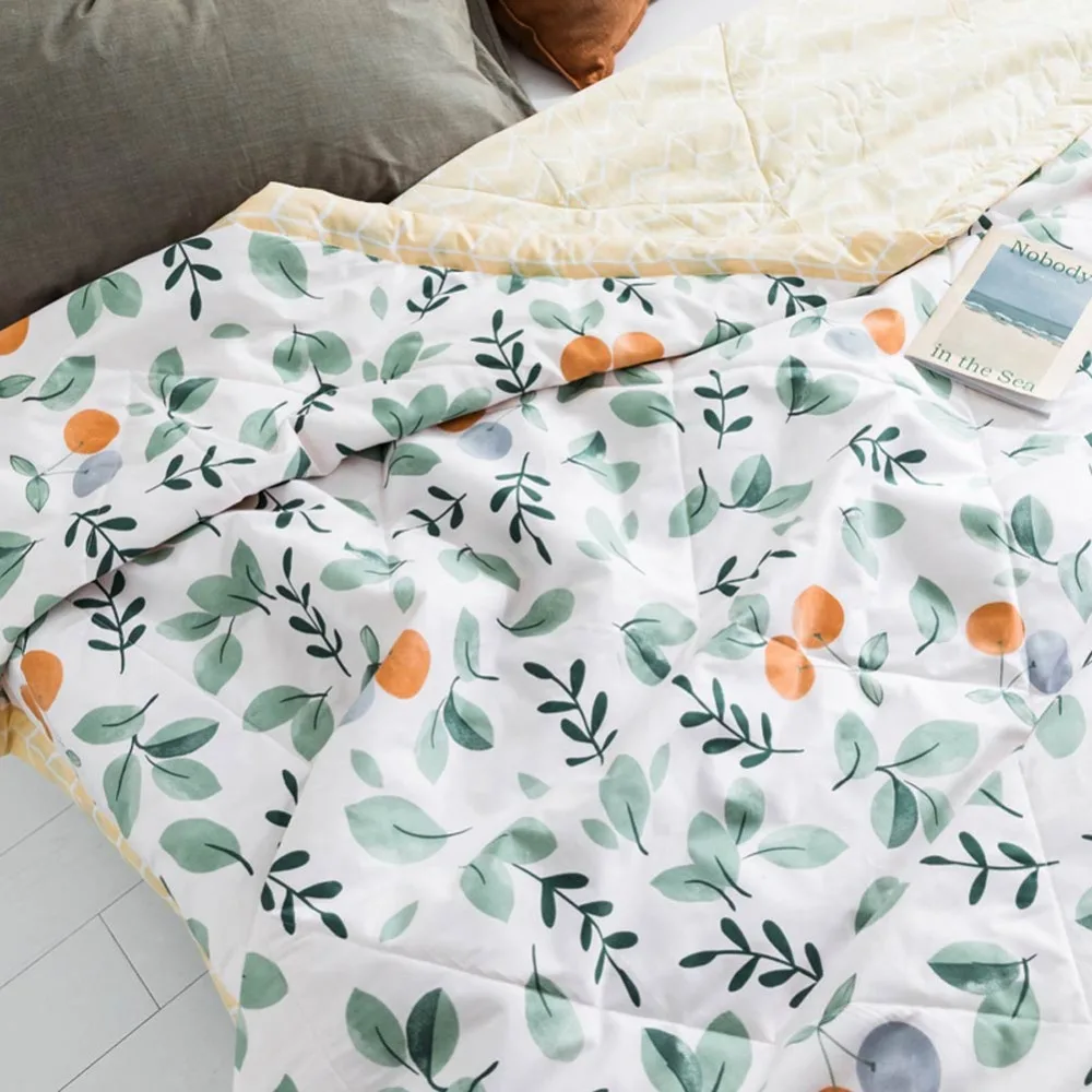 INS оранжевое одеяло с зелеными листьями, летнее стеганое одеяло, Хлопковое одеяло, покрывало для близнецов