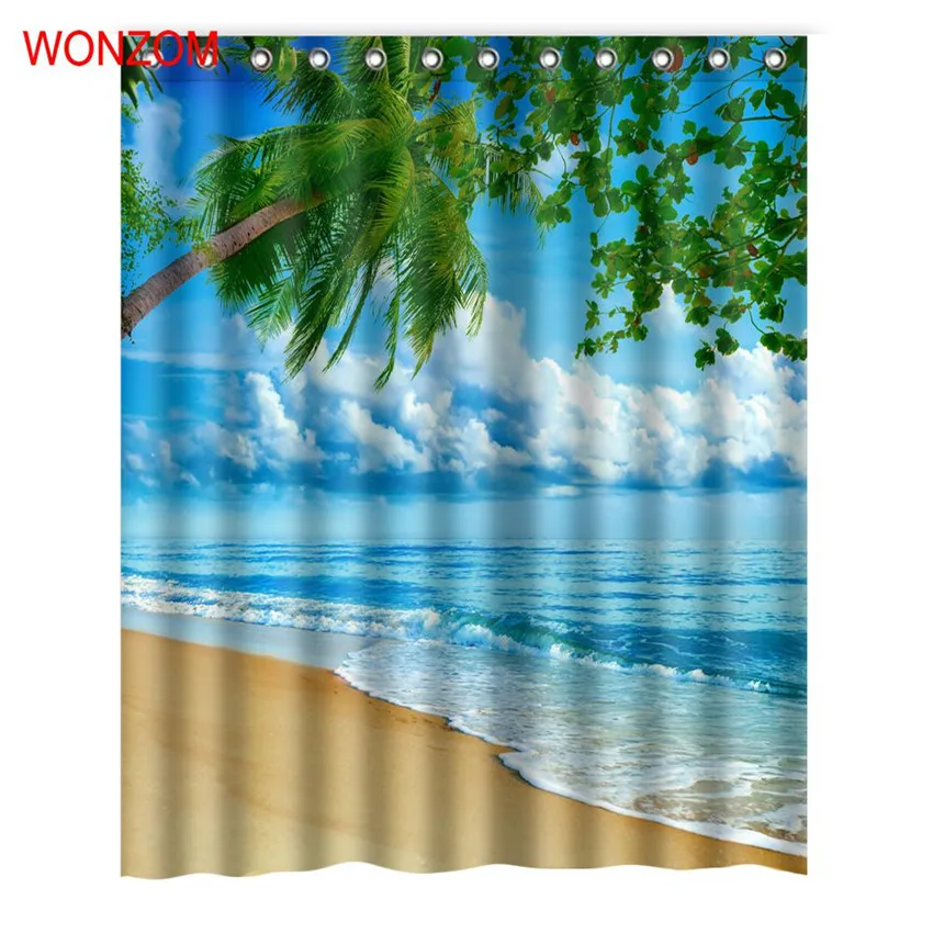 

WONZOM Blue Beach Curtain with 12 Hooks For Bathroom Decor Modern Landscape Bath Waterproof Curtain Bathroom Accessories