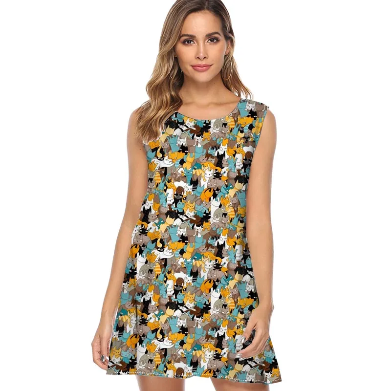 

Women Summer Dress Boho Style Cats on catnip Print Chiffon Beach Dress Tunic Sundress Loose Mini Party Dress Vestidos De Verano