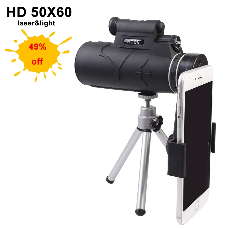 Black HD 50x60 Zoom Binocular Monocular Powerful Laser Flashlight NOT Night Vison Telescope with Tripod Phone Clip for Hunting