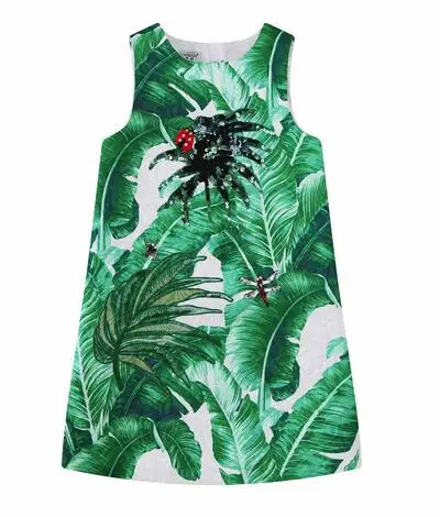 Girls Dress 2016 Winter Brand Girls Dresses Princess Costume Green White Tropical Print Kids Dresses for