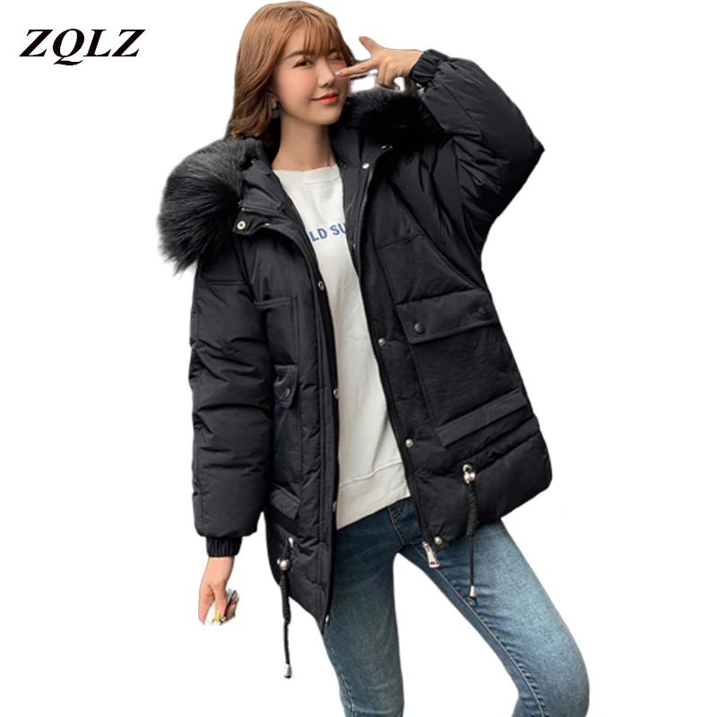 ##BUY 2019 Faxu Fur Collar Hooded Parka Mujer Winter Down Cotton Padded Thickening Female Coat Plus Size Loose Warm Jacket Women