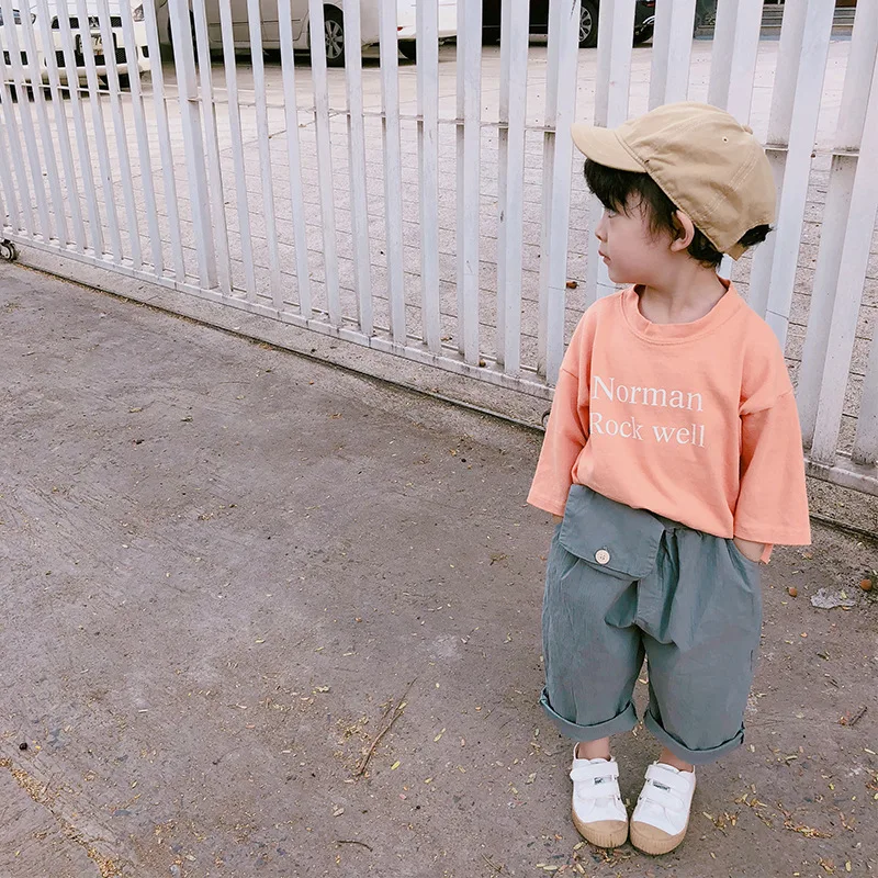 

Korean style 2019 Spring new arrival cotton solid color casual pants for boys children fashion loose trousers with cute bag