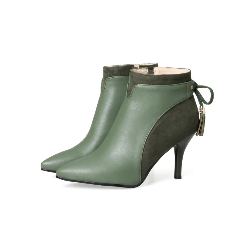EGONERY/Новейшая элегантная обувь женские теплые офисные ботильоны на очень высоком тонком каблуке, с острым носком, на молнии, с бантиком-бабочкой - Цвет: army green