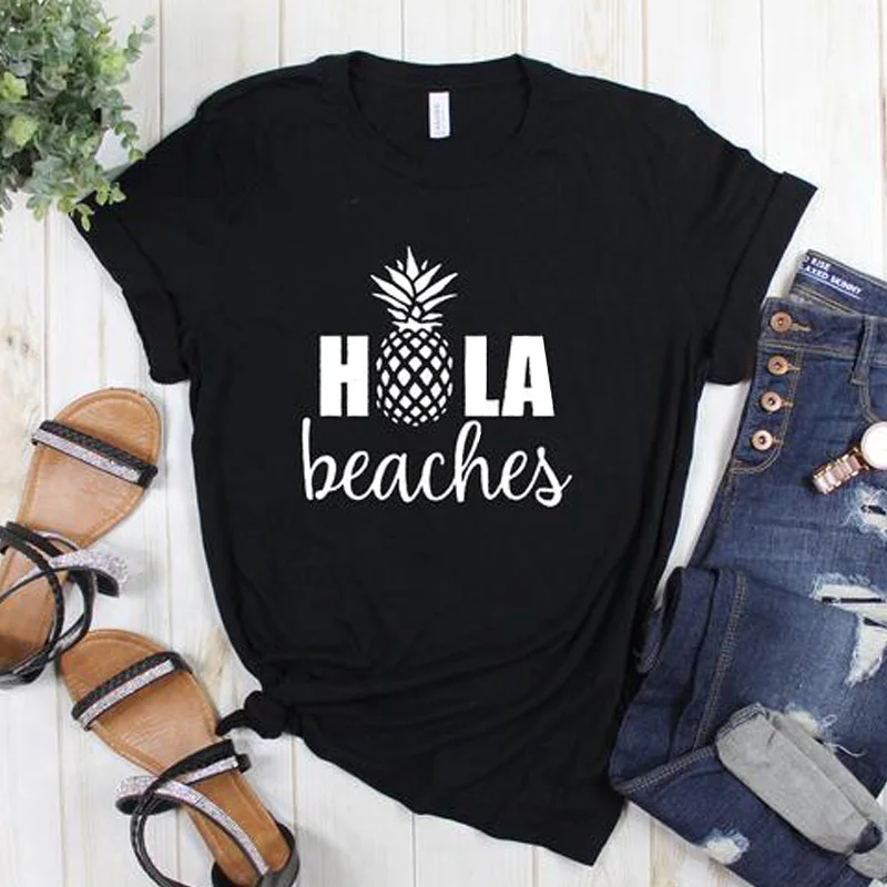 

Hola Beaches T-shirts Summer Vacation Graphic Funny Tee Shirt Top Men Women Aesthetic Pineapple Print Tumblr Vibes Vacay Tshirt