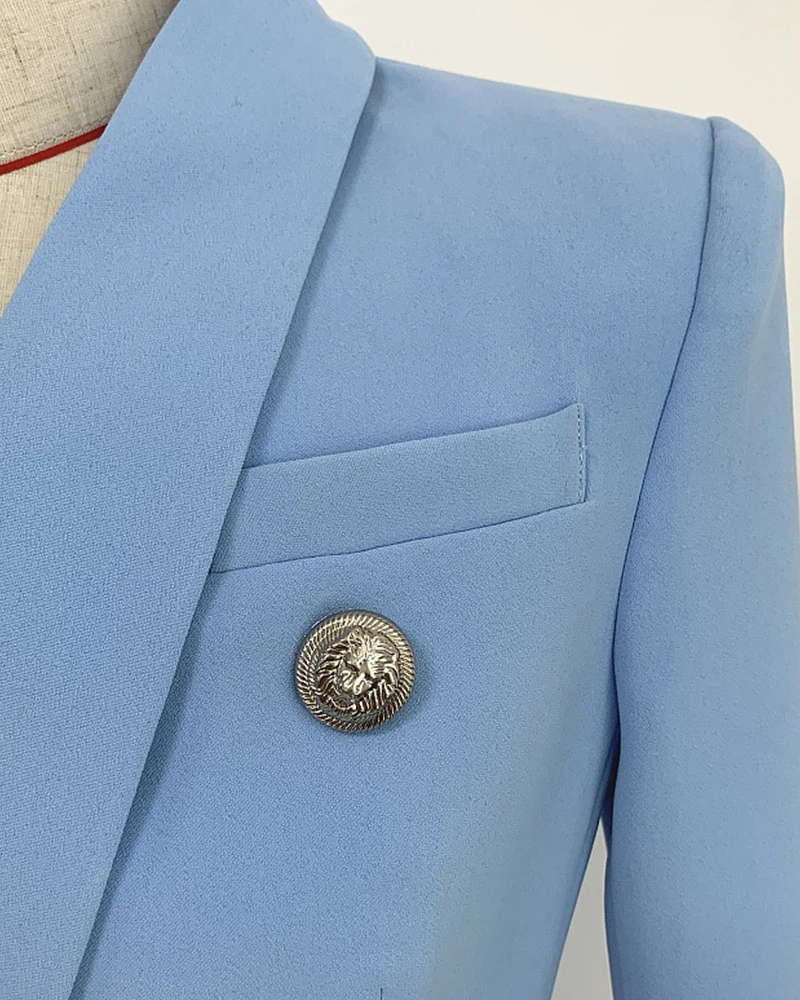 Женские пиджаки больших размеров Небесно-Голубой пиджак для женщин профессиональный костюм классический двубортный Серебряный пуговица шаль воротник офисный Женский блейзер