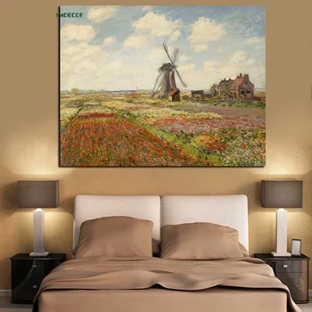 

YWDECOR Print Tulip Fields With The Windmill Claude Monet Oil Painting on Canvas Art Impressionist Wall Picture for Living Room