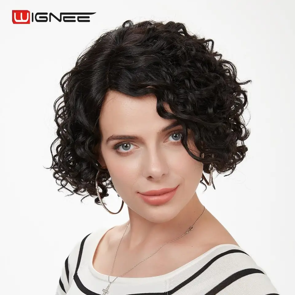 Wignee Short Afro Kinky Curly Human Hair Wigs For Black Women
