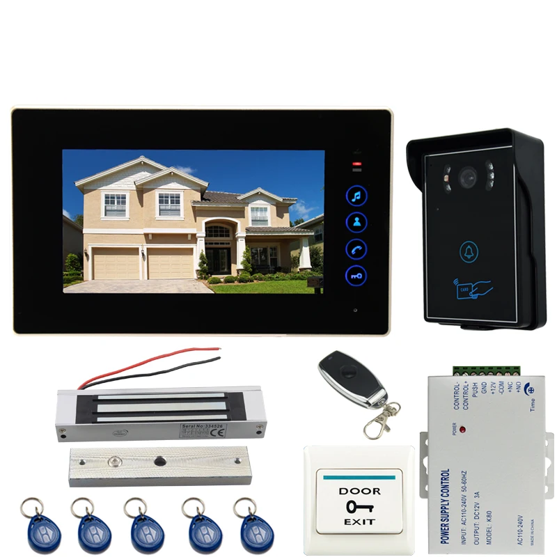

JEX Clear 7`` Touch Key video door phone doorbell intercom system kit RFID waterproof Touch Key camera +180KG magnetic lock