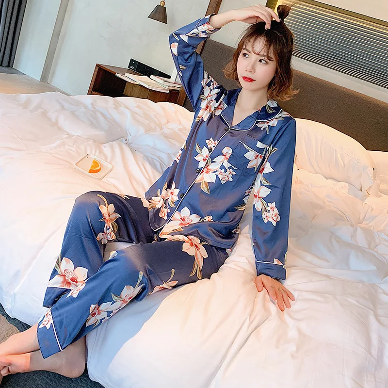 Женские пижамные комплекты, милая Домашняя одежда из искусственного шелка, шелковые пижамы с длинным рукавом, удобный пижамный комплект, свободная одежда для отдыха, ночное белье для девочек - Цвет: ks si yisubaihua lan