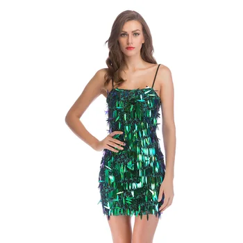 

D141 Sexy Back Open Spaghetti Straps Emerald Green Sequined Mini Dress