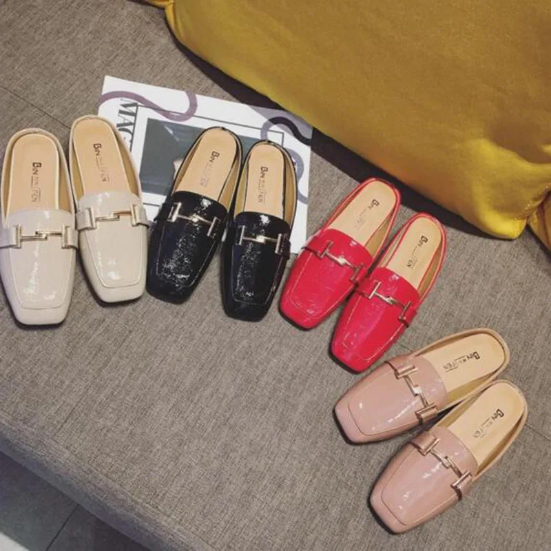 

Women Fashion Europe Style Summer Outdoors Wear Square Toe Slippers Shoes,Patent Leather Flats Non-slip Metal Decoration Slipper