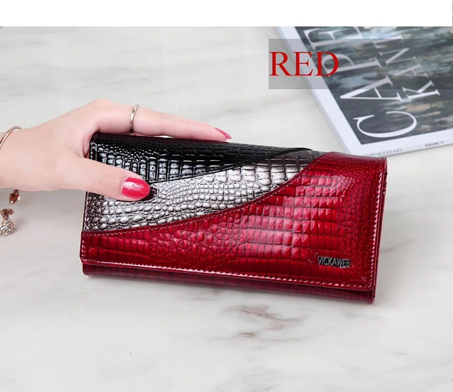 VICKAWEB Wallet Female Patchwork Long Women Wallets Genuine Leather Purses Ladies Vintage Hasp Purse Alligator Standard Wallets-AE150-1-006