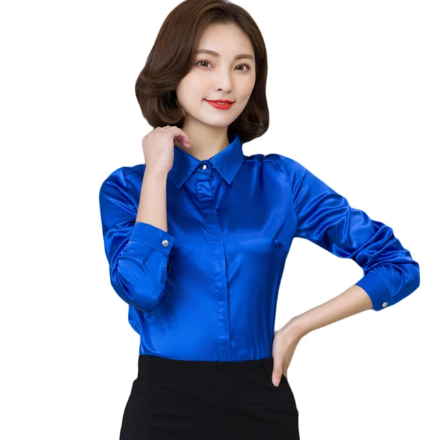 2019 Women silk satin blouse button long sleeve lapel ladies office ...