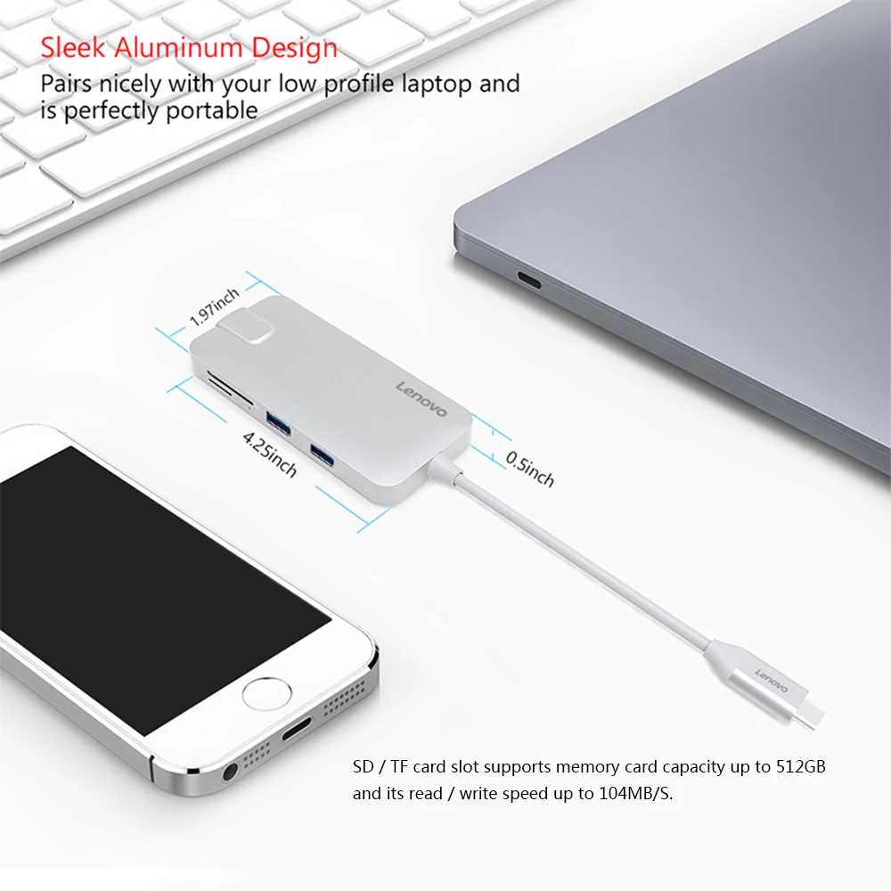 Lenovo USB C Hub usb-хаб 3,0-гигабитный Ethernet тип-c-RJ-45 4K HD адаптеры-конвертеры кабель SD/TF кард-ридер для ПК