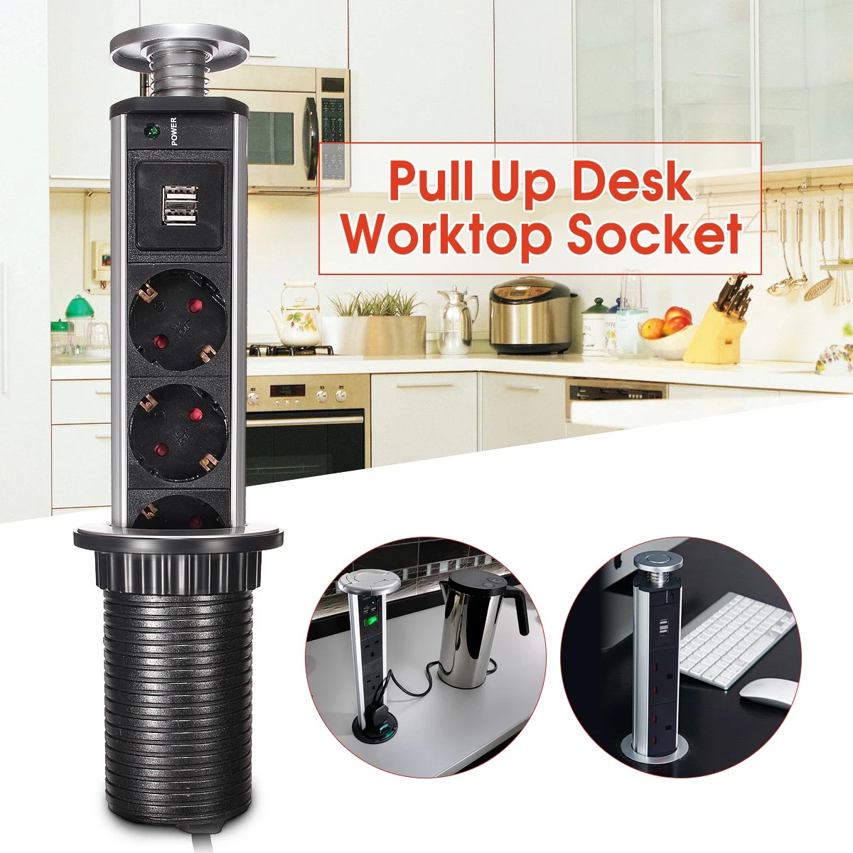 

Pop Pull Up Power Point Socket 2 USB Charger Electrical Sockets for Home Office Kitchen Worktop Desk Socket
