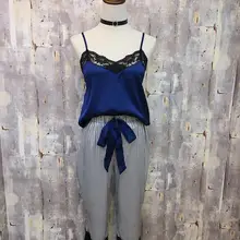 Женский пижамный комплект Топ Длинные брюки из искусственного шелка кружевной бант v-образный вырез нижнее белье с кружевом без рукавов