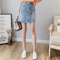 2019 новые летние женские юбки в стиле casual короткие мини однобортный джинсы-варенки плиссированная юбка