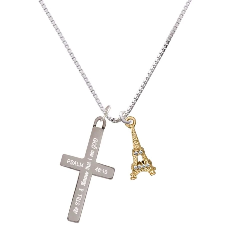 Gold Tone Crystal Eiffel Tower - Be Still and Know - Cross Necklace