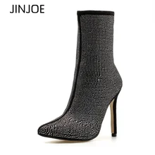 

JINJOE Woman boots Crystal pumps Ankle Boots Pointed Toe High Heels Chelsea Boots Female Stilettos Party Wedding Short Boots