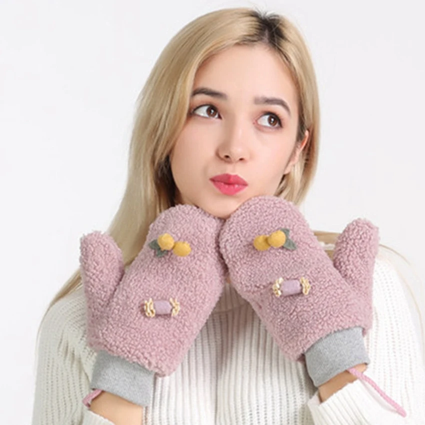 Warm Winter Rope Gloves Women Mittens Ladies Lovely Cherry Gloves Thicken Ball Full Finger