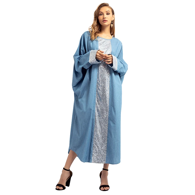 Casual Denim Jeans Maxi Dress Sequined Abaya Full Length Muslim Long