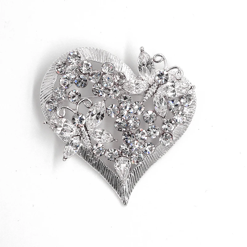 Heart Brooch Clear Rhinestone Silver plated Bridal Wedding party Pin