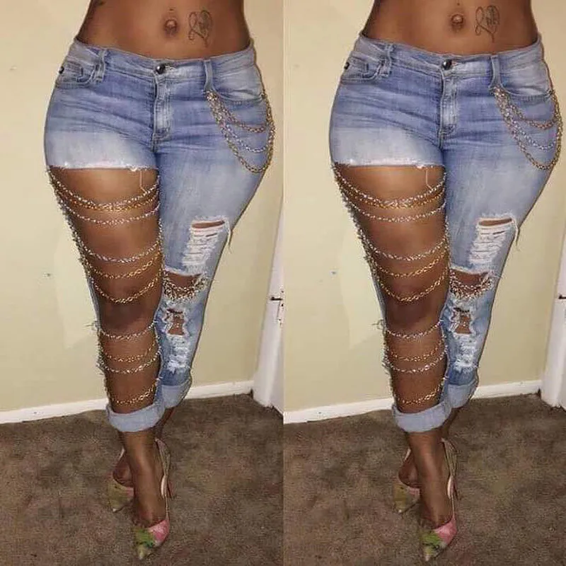 Hattfart Women Plus Size High Waist Knee Skinny Distressed Ripped Freyed Slim Fit Boyfriend Jeans Denim Pants