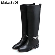 Newest Real Leather Black Motorcycle Boots Woman Round Toe Silver Chain Knee High Boots Women Fashion Shoes zapatos mujer 35-41