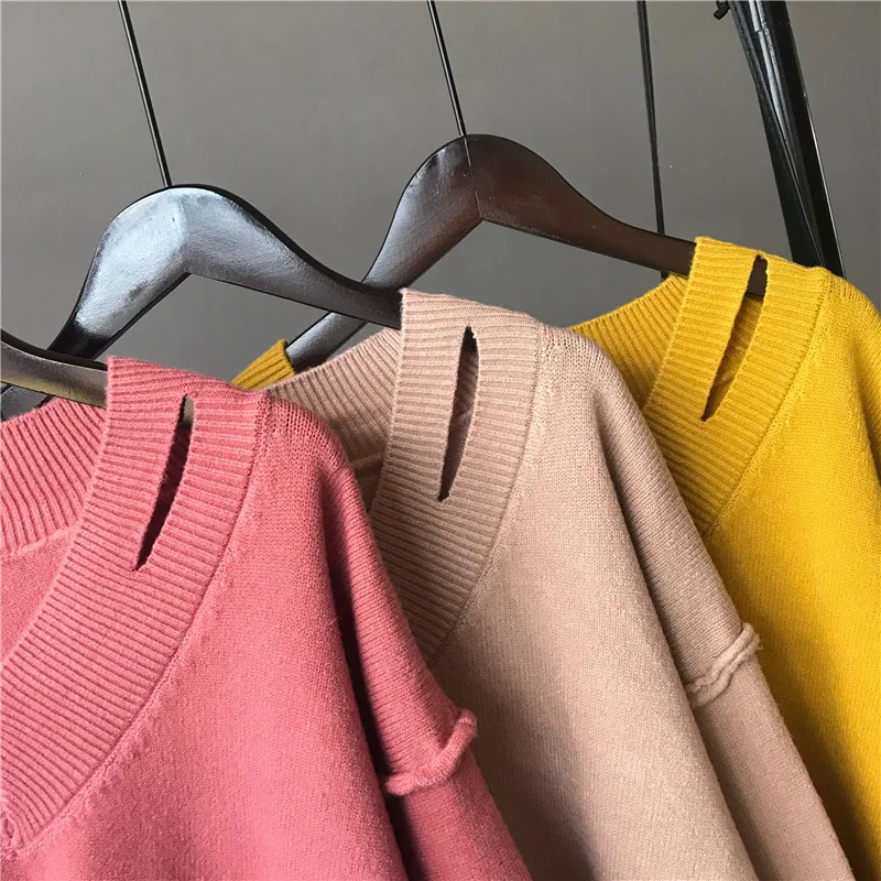 Rusanranz 2018 Autumn Winter Knitted Women Sweater V Collar Solid Color Pullover Jacket Loose Sweater Sweaters