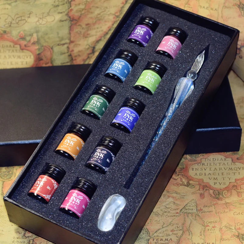 Crystal Glass Dip Pen Creative Pen With 10 Colors Ink Set Birthday Gift