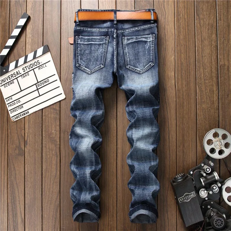 UMMEWALO Роскошные джинсы с вышивкой мужские дизайнерские рваные с дырками джинсовые обтягивающие мужские джинсы прямые лоскутные джинсы Homme
