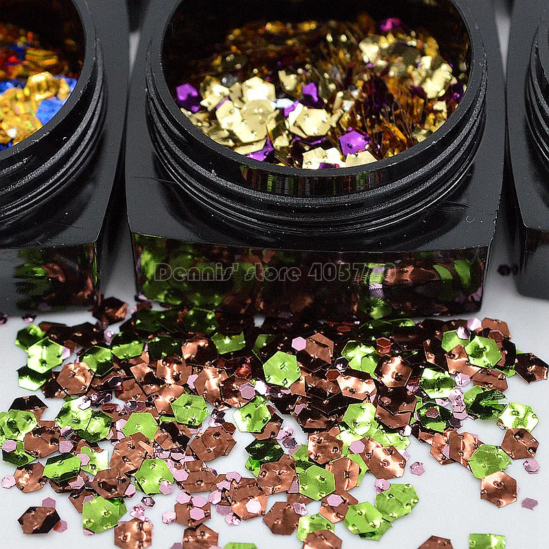 

Wholesal 12 Jars Mix Colors Glitter Hexagon Shape Sequins Acyrlic Nail Art Slice Decorations Manicure Tips Set