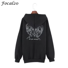Focal20 Harajuku Вышивка головы для женщин флисовые толстовки готический панк негабаритных бархат толстовка с капюшоном пуловер уличная